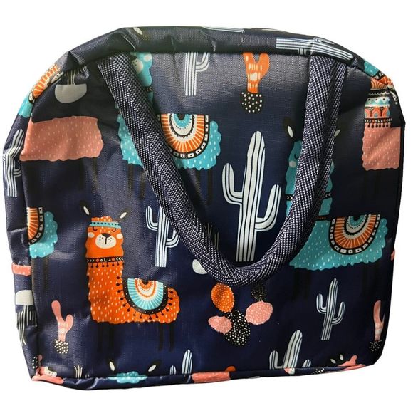Llama Insulated Lunch Box Navy Blue Pastel Cartoon Llamas Zipper 8” x 9” x 5” - Picture 6 of 9